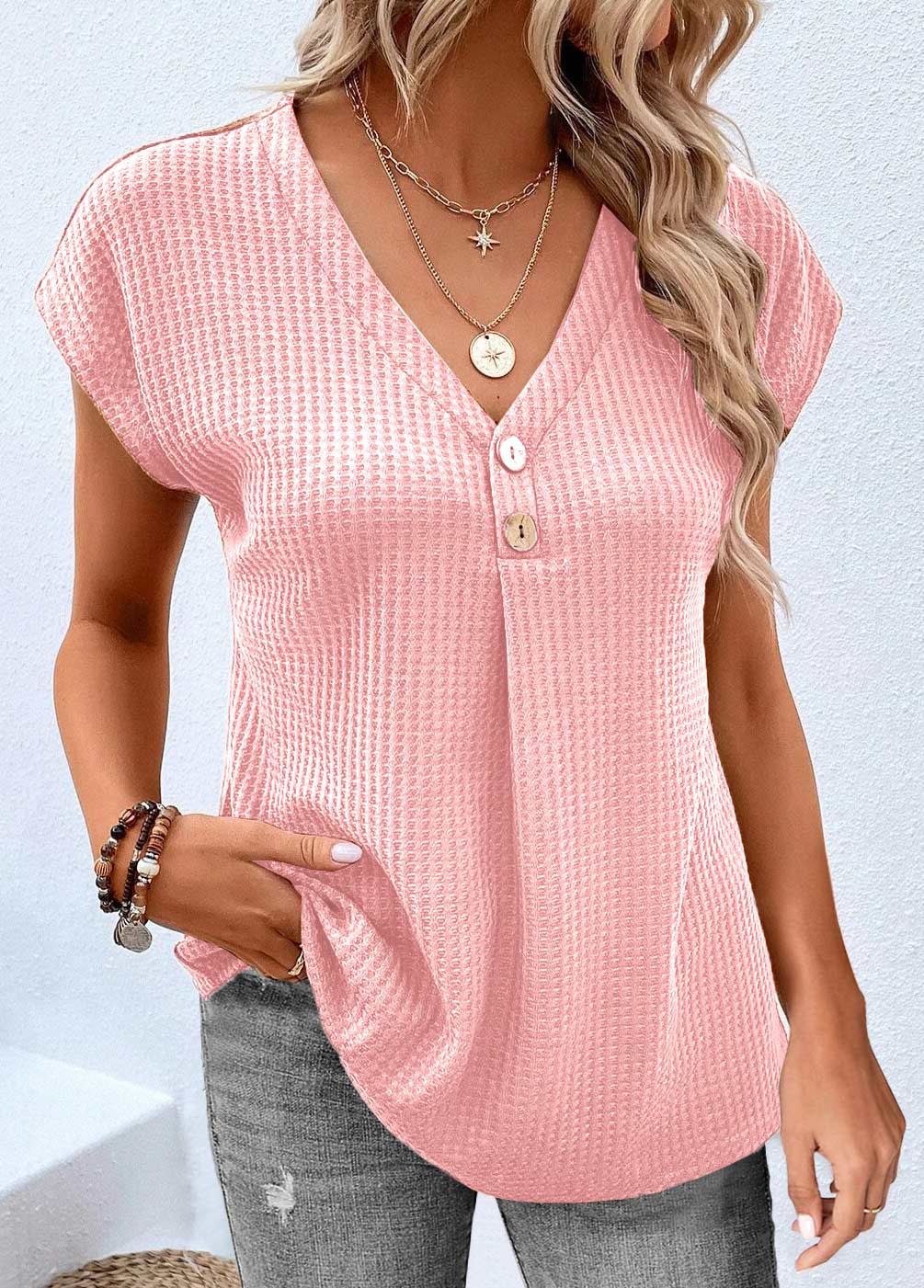 Pink tops,Plain Color tops,ROTITA Button Pink V Neck Short Sleeve T Shirt