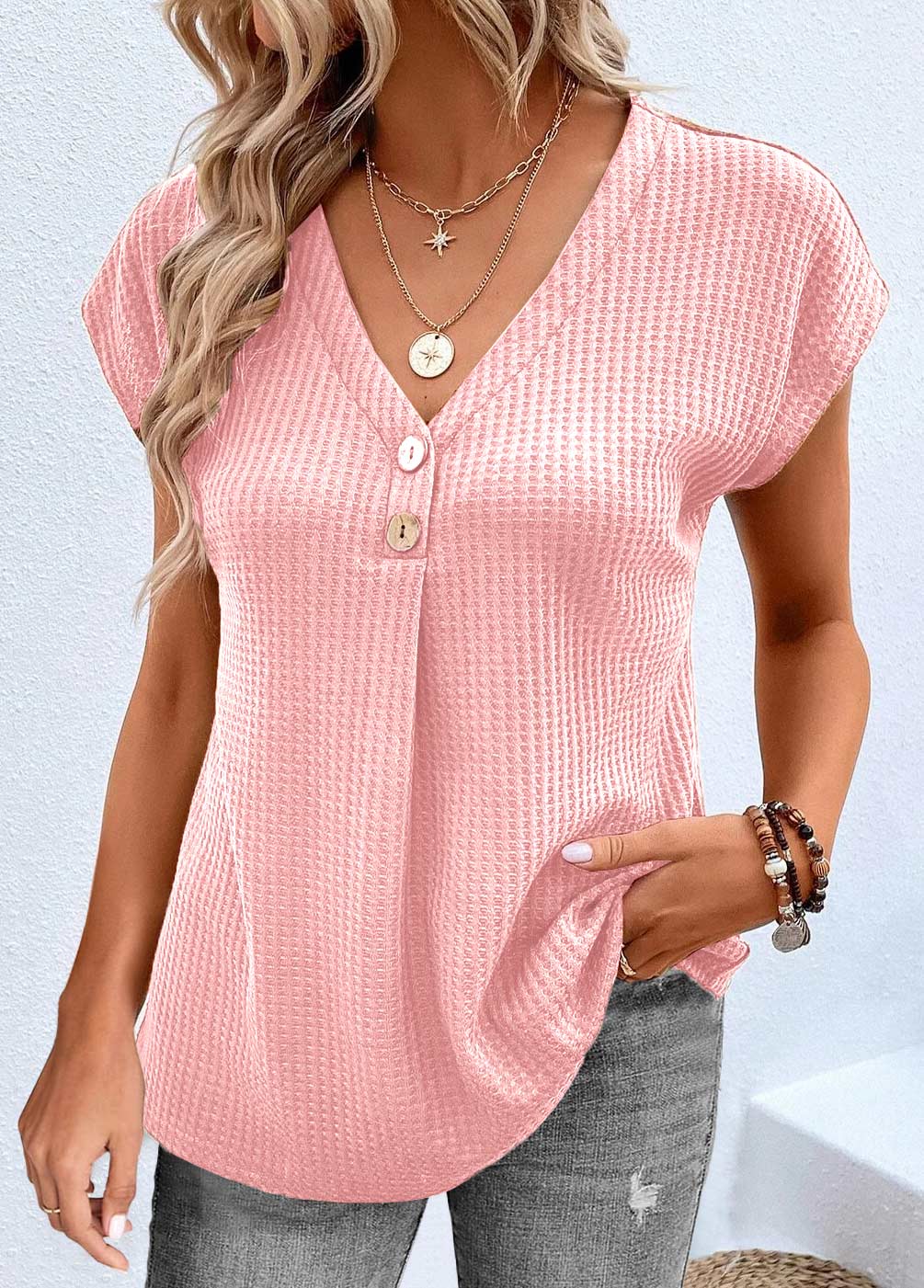 Pink tops,Plain Color tops,ROTITA Button Pink V Neck Short Sleeve T Shirt