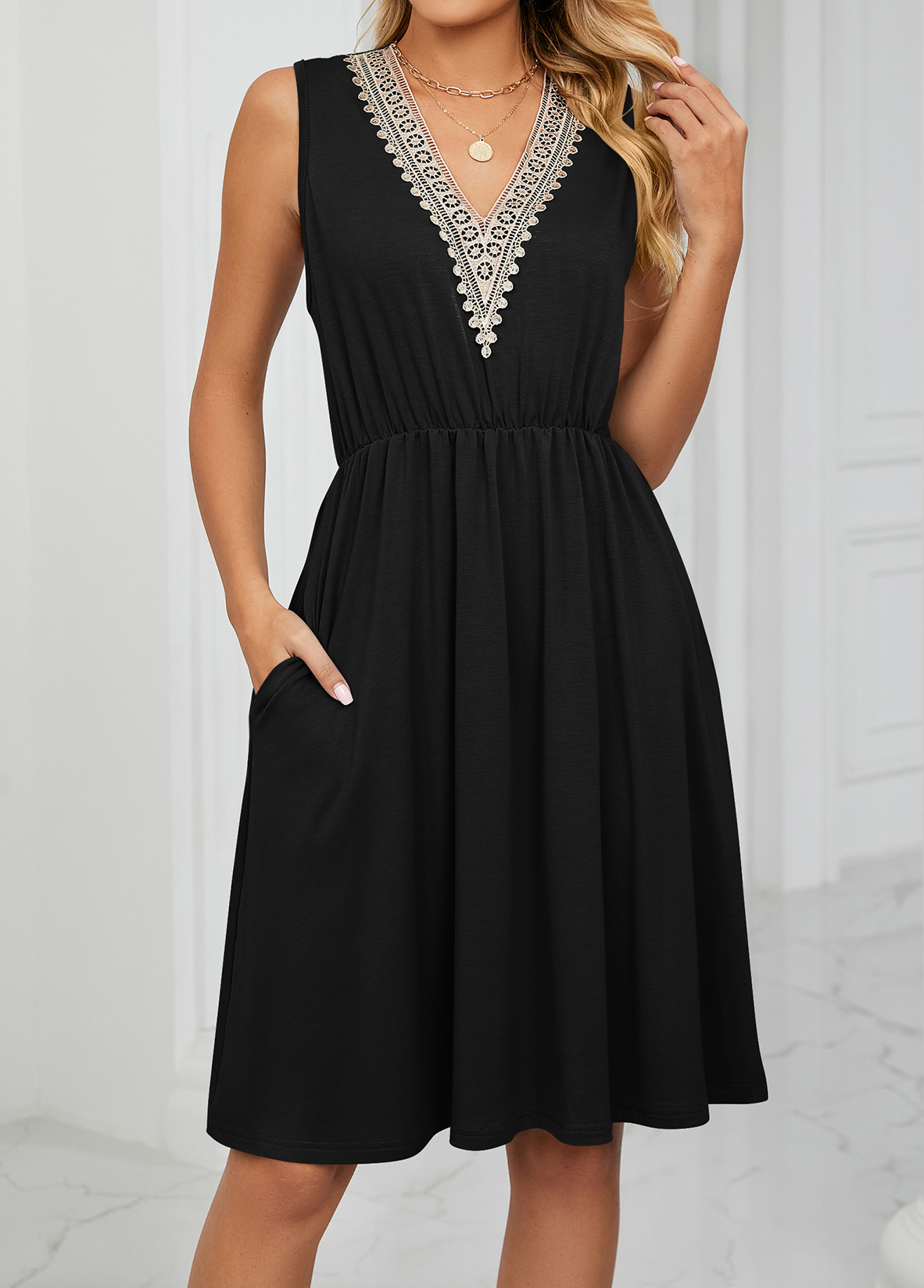 Patchwork Black Short V Neck Dress
