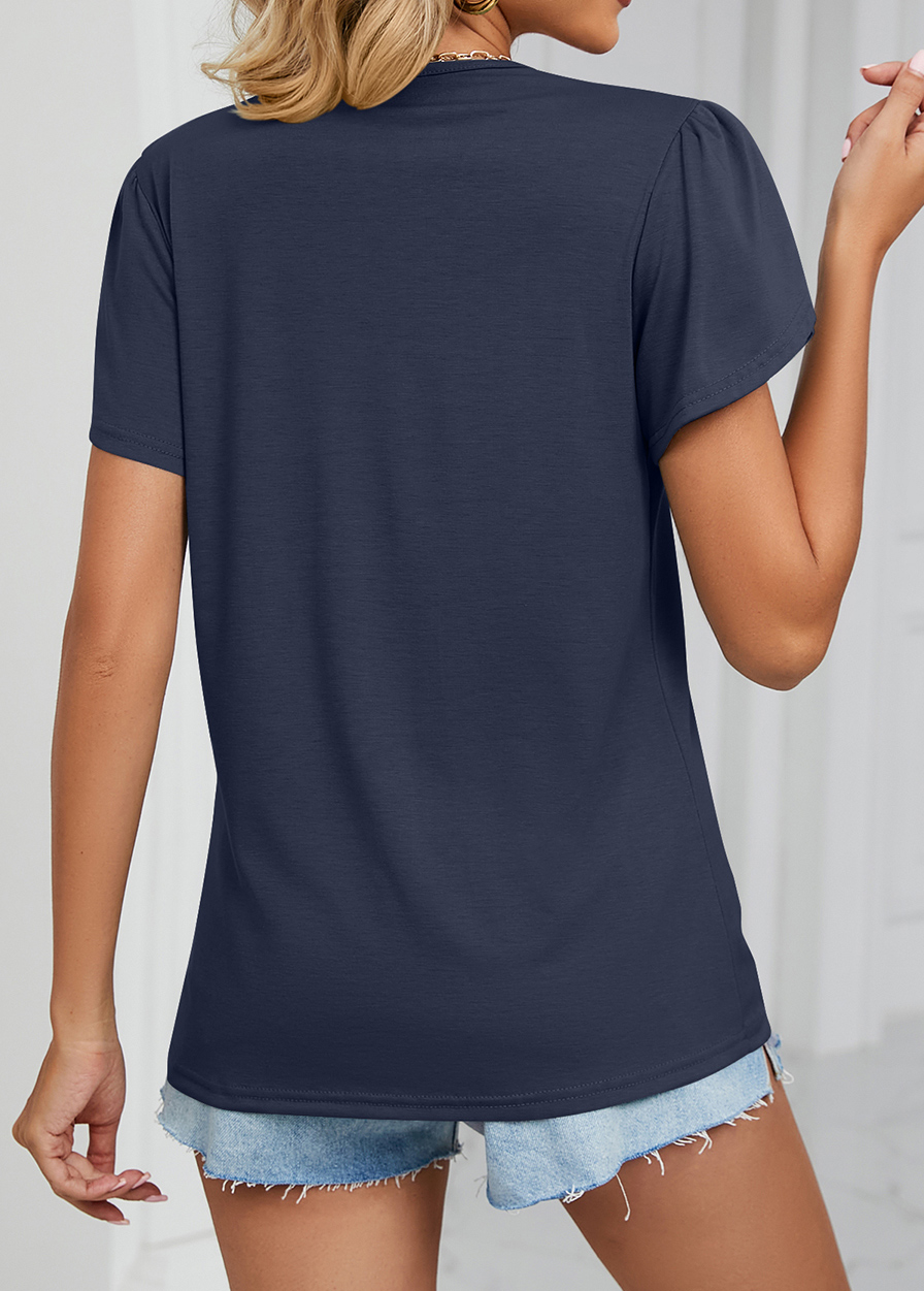 Navy tops,Contrast Color tops,Patchwork Navy V Neck Short Sleeve T Shirt