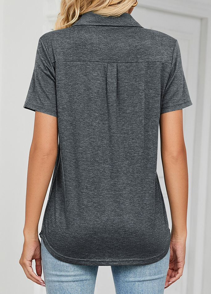 Dark Grey tops,Plain Color tops,Pocket Dark Grey Polo Collar T Shirt
