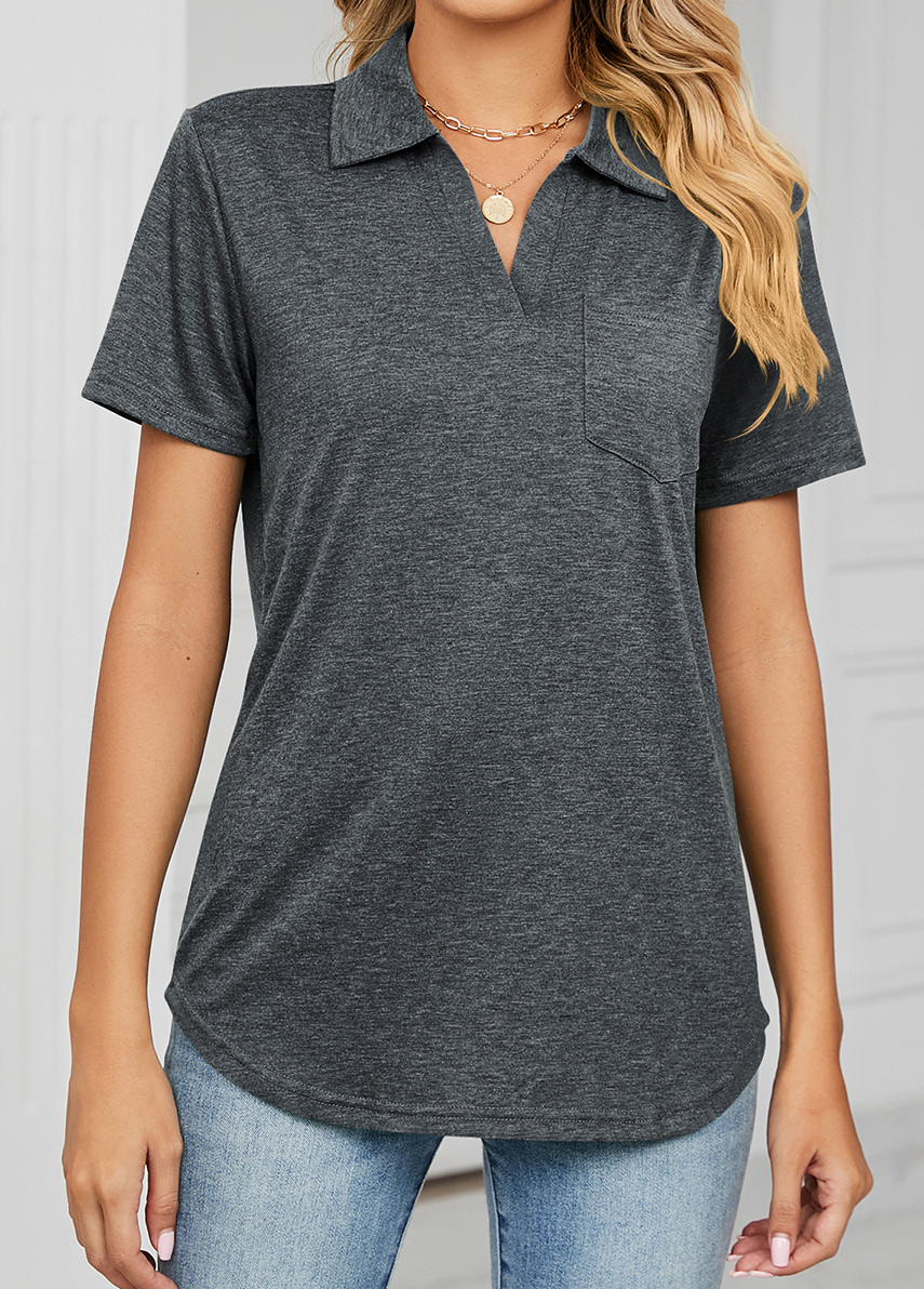 Dark Grey tops,Plain Color tops,Pocket Dark Grey Polo Collar T Shirt