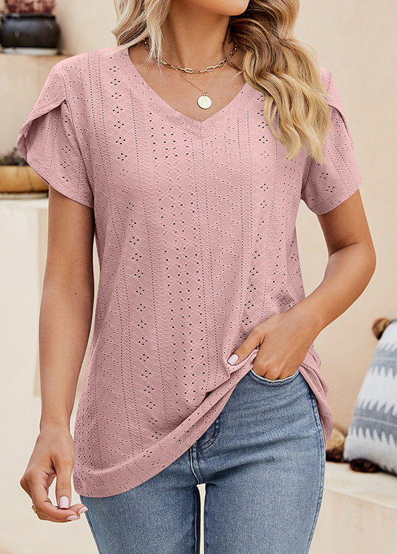 Dusty Pink tops,Plain Color tops,Lightweigh Dusty Pink V Neck T Shirt