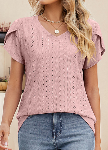 Dusty Pink tops,Plain Color tops,Lightweigh Dusty Pink V Neck T Shirt