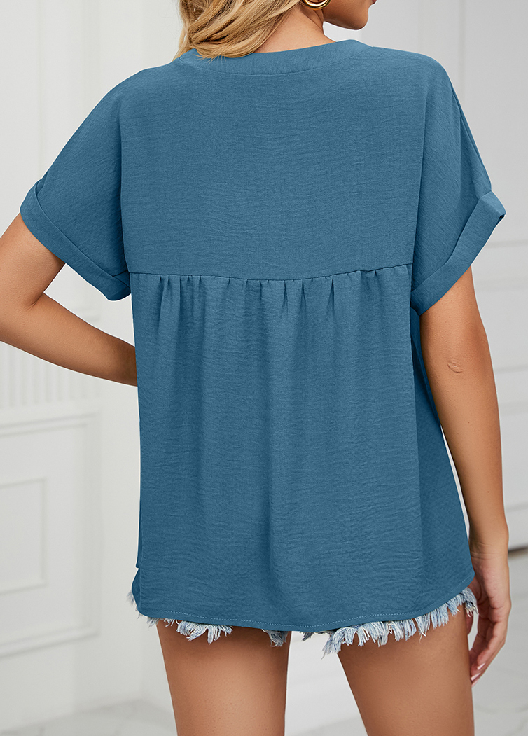 Peacock Blue tops,Plain Color tops,Lightweigh Peacock Blue V Neck Short Sleeve Blouse