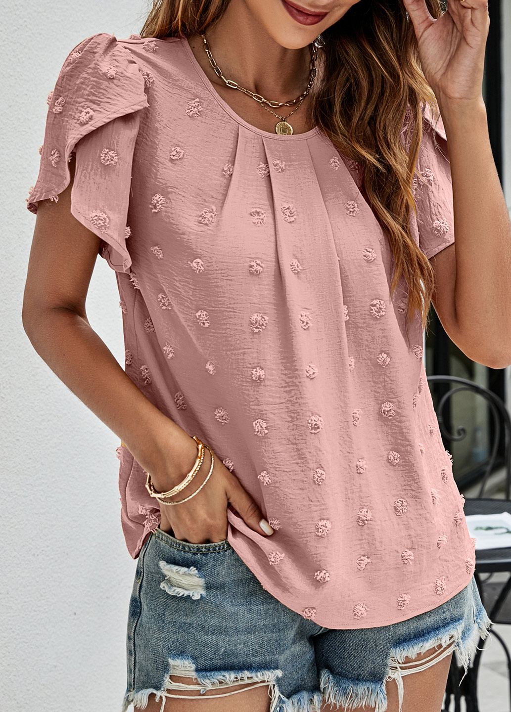 Dusty Pink tops,Plain Color tops,Lightweigh Dusty Pink Round Neck T Shirt