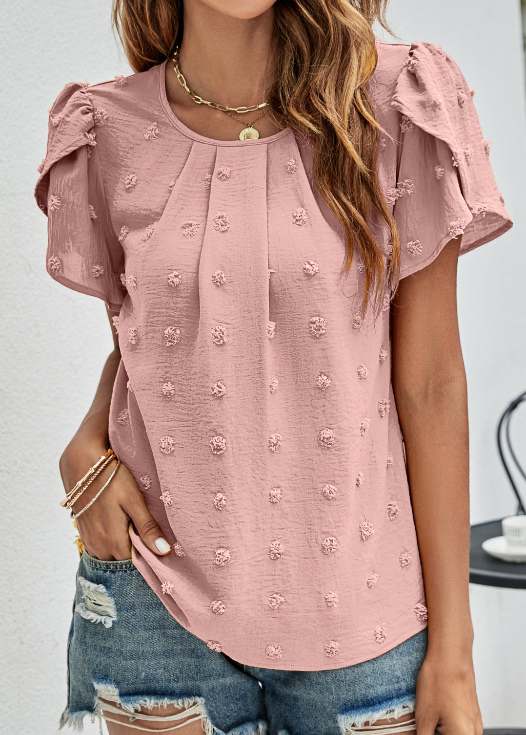 Dusty Pink tops,Plain Color tops,Lightweigh Dusty Pink Round Neck T Shirt