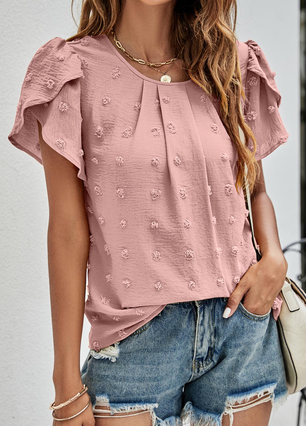 Dusty Pink tops,Plain Color tops,Lightweigh Dusty Pink Round Neck T Shirt