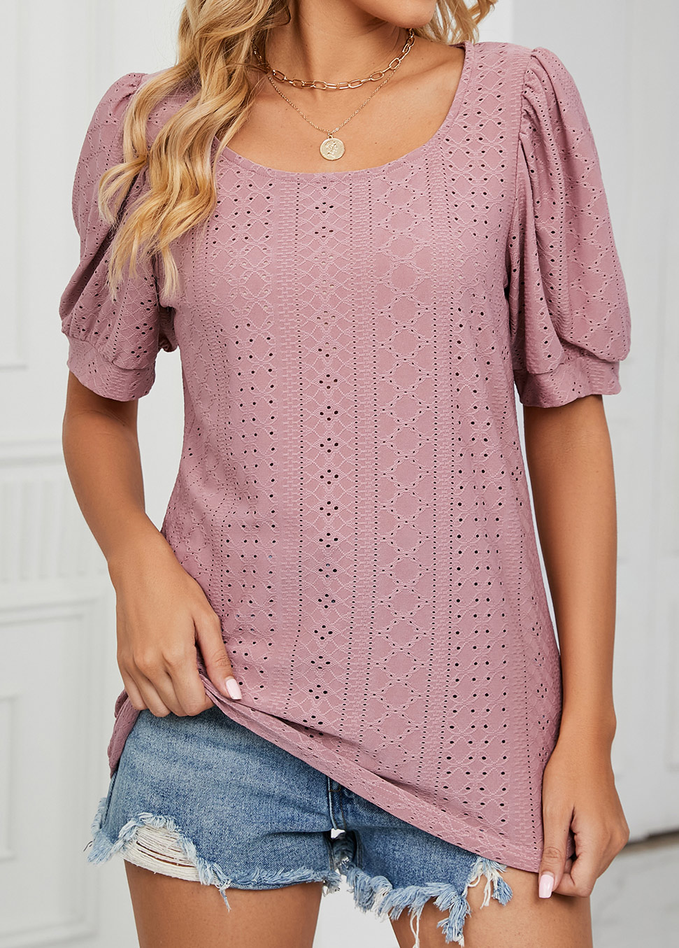 Dusty Pink tops,Plain Color tops,Hole Dusty Pink Round Neck T Shirt