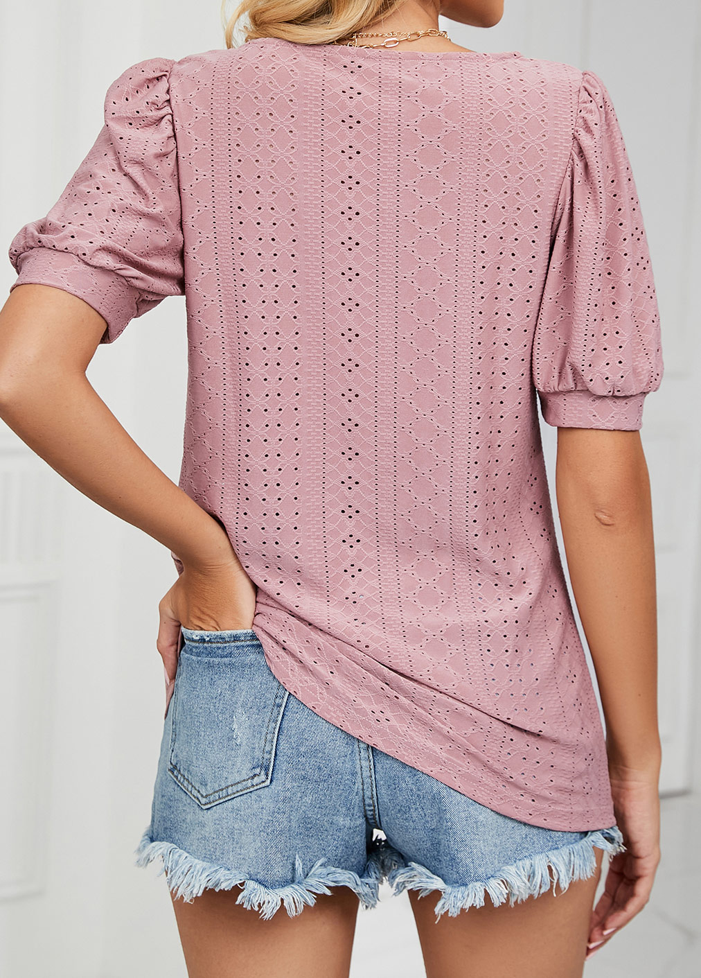 Dusty Pink tops,Plain Color tops,Hole Dusty Pink Round Neck T Shirt