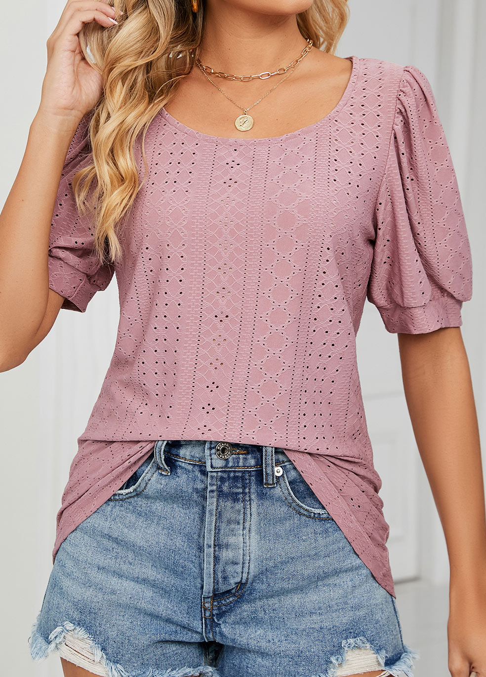 Dusty Pink tops,Plain Color tops,Hole Dusty Pink Round Neck T Shirt