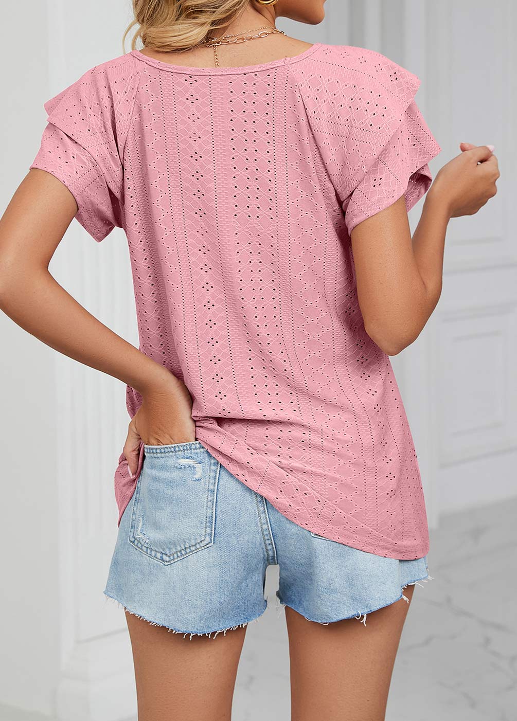 Dusty Pink tops,Plain Color tops,Jacquard Dusty Pink V Neck T Shirt