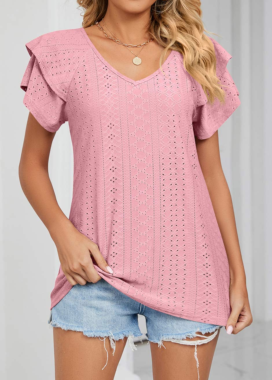 Dusty Pink tops,Plain Color tops,Jacquard Dusty Pink V Neck T Shirt