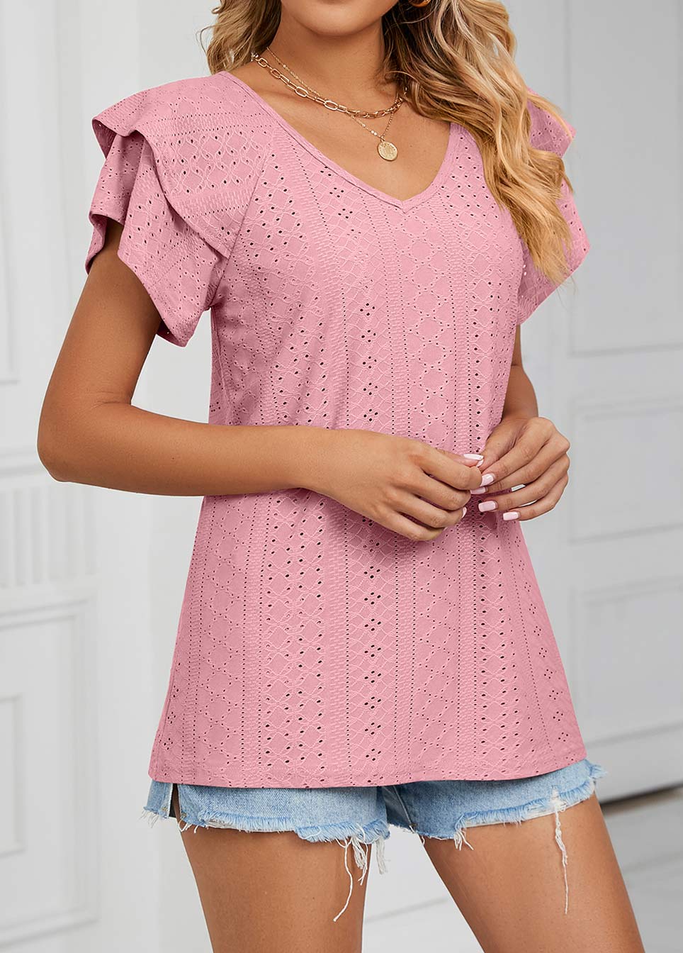 Dusty Pink tops,Plain Color tops,Jacquard Dusty Pink V Neck T Shirt