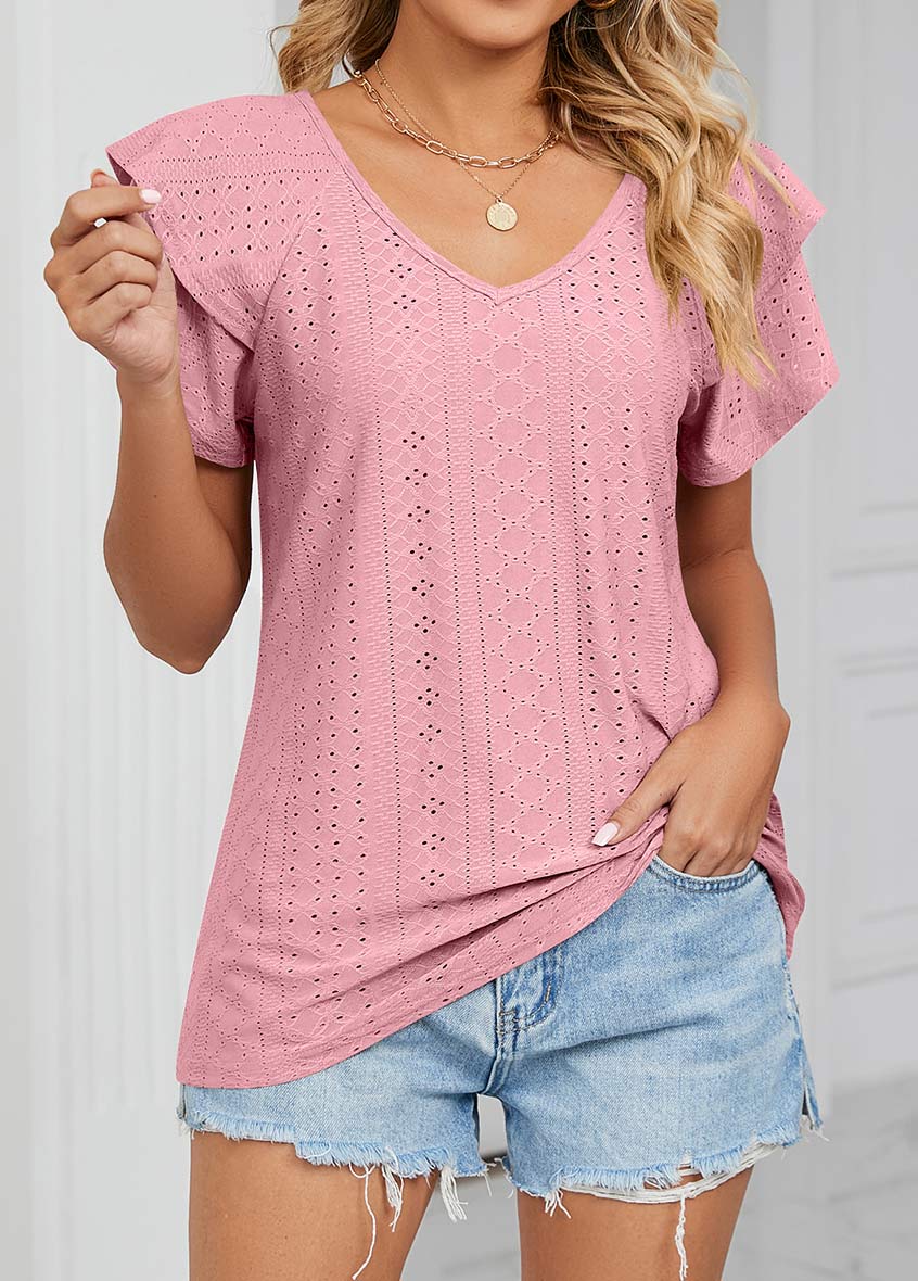 Dusty Pink tops,Plain Color tops,Jacquard Dusty Pink V Neck T Shirt