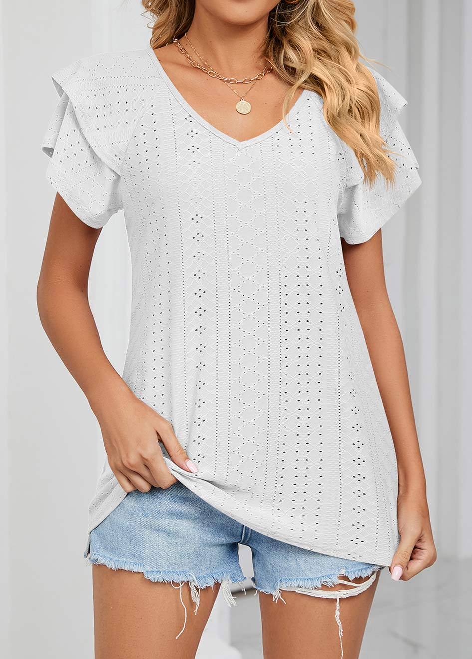 White tops,Plain Color tops,Ruffle White V Neck Short Sleeve T Shirt