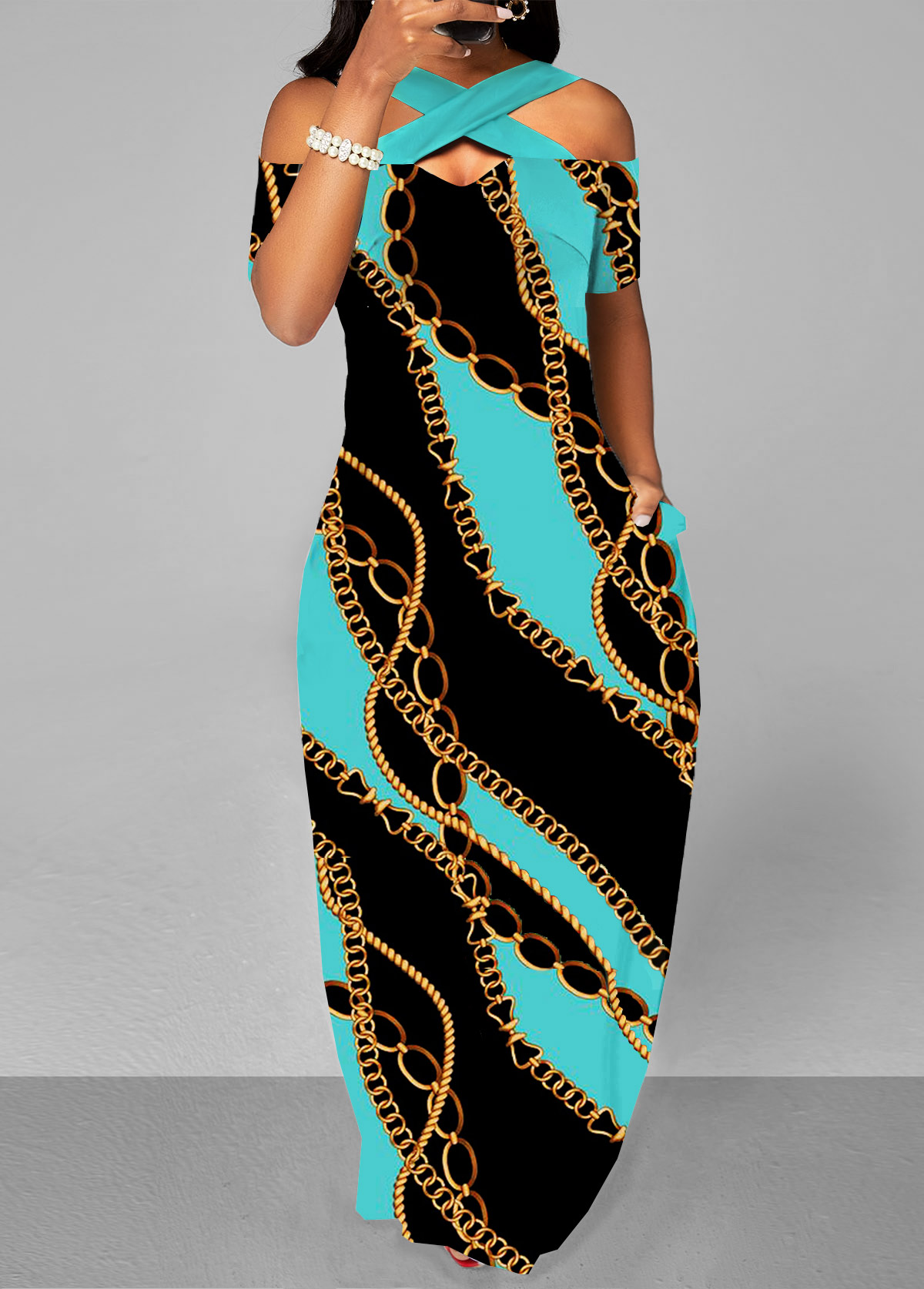 ROTITA Double Side Pockets Black Criss Cross Maxi Dress