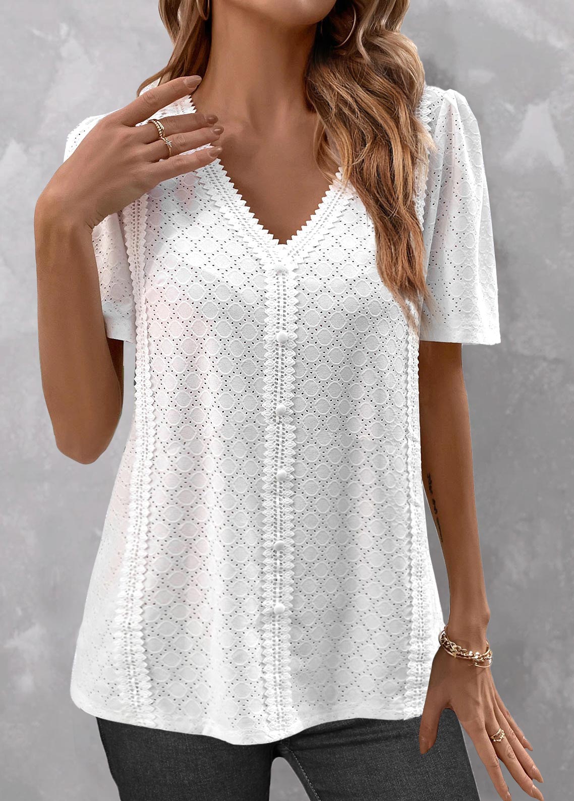 ROTITA Button White V Neck Short Sleeve Blouse