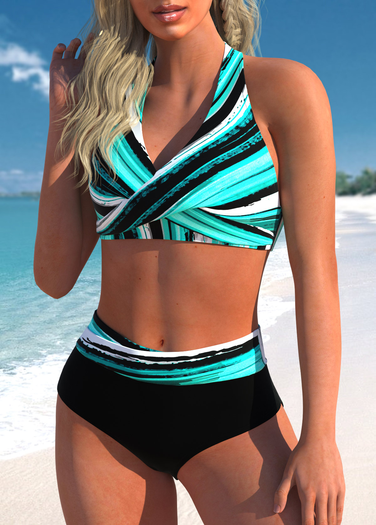 Cyan swimwear,Striped swimwear,Geometric swimwear,ROTITA Criss Cross Cyan Striped Bikini Top