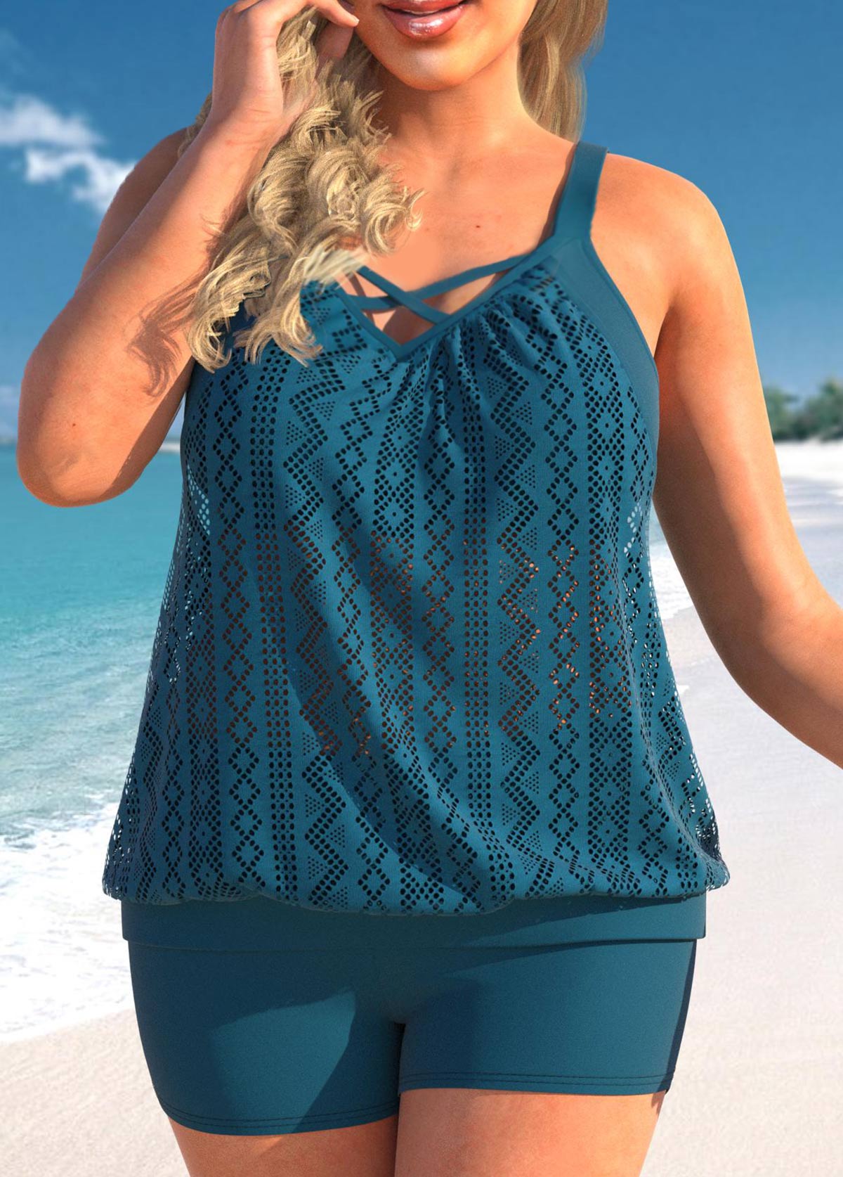 ROTITA Plus Size Peacock Blue Criss Cross Tankini Top-No Bottom