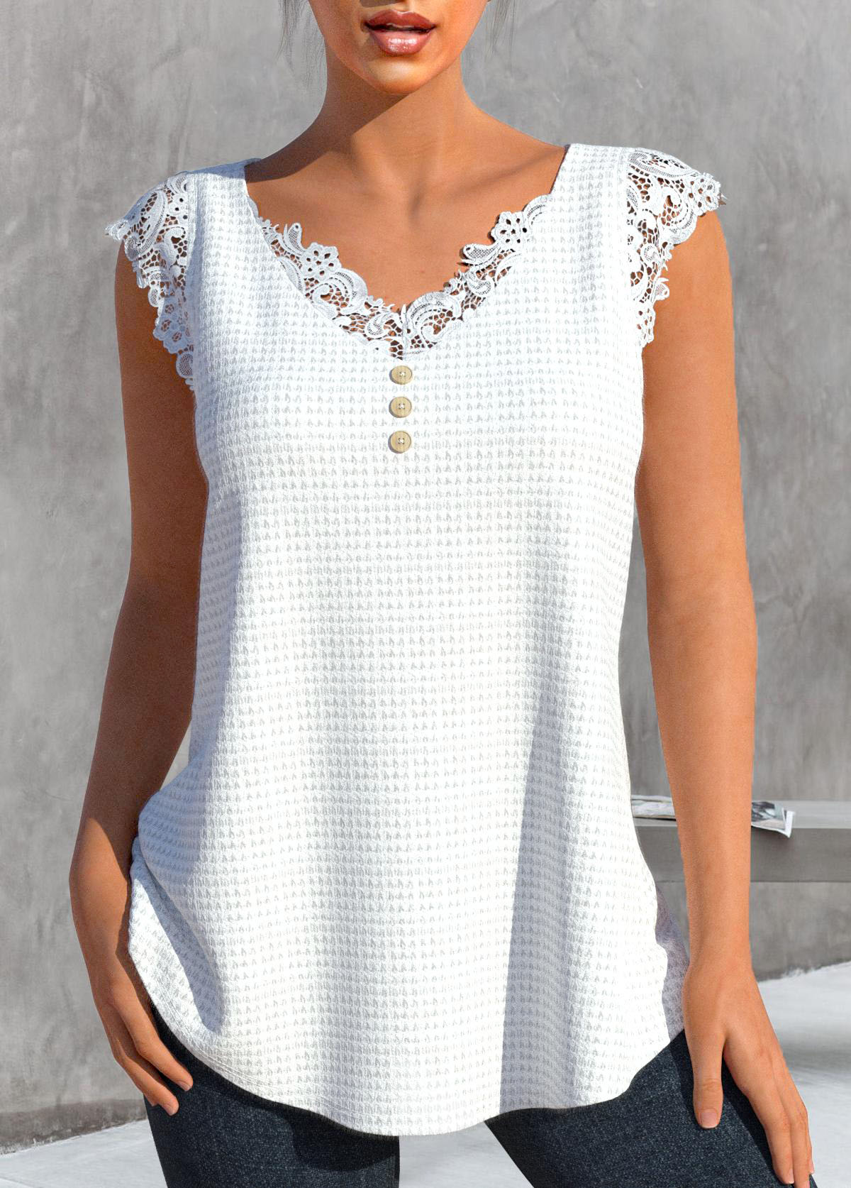 White tops,Plain Color tops,ROTITA Lace White V Neck Tank Top