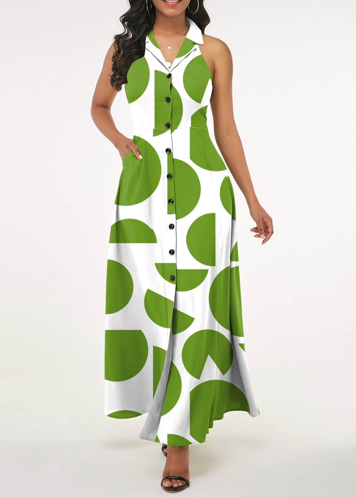 ROTITA Pocket Geometric Print Green Lapel Sleeveless Maxi Dress