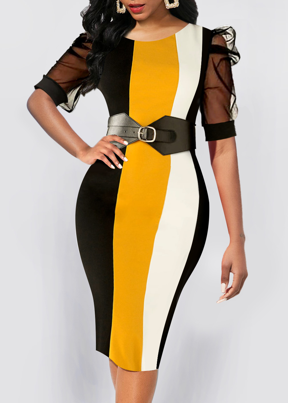 Multi Color dresses,Striped dresses,Geometric dresses,ROTITA Mesh Striped Multi Color Round Neck Bodycon Dress