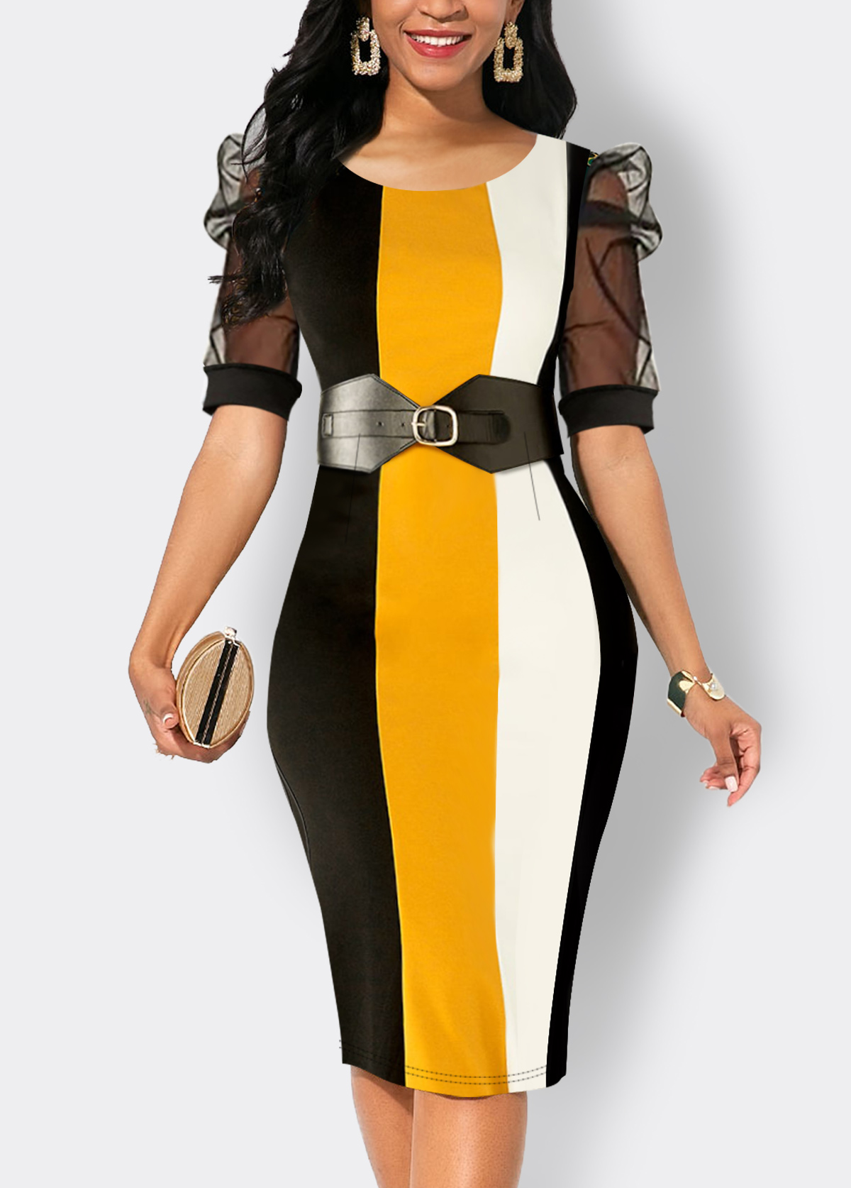 Multi Color dresses,Striped dresses,Geometric dresses,ROTITA Mesh Striped Multi Color Round Neck Bodycon Dress