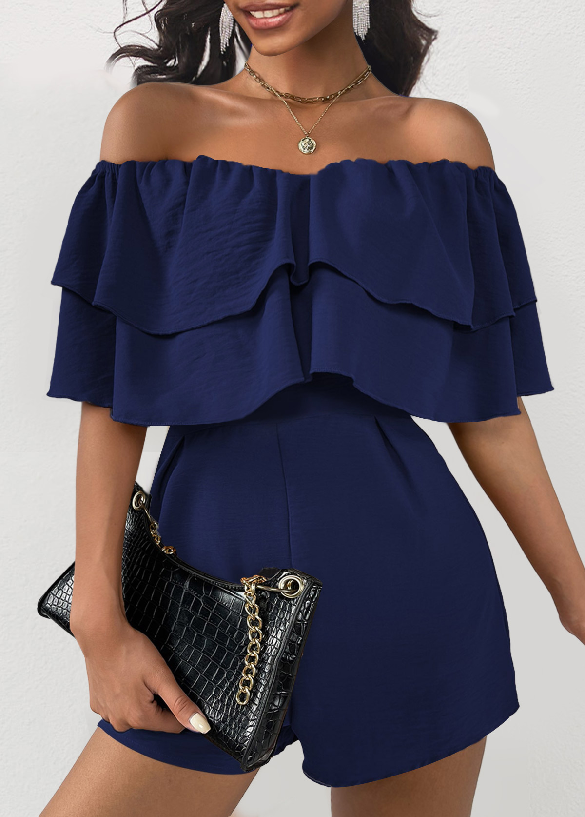 ROTITA Ruffle Navy Off Shoulder Half Sleeve Romper