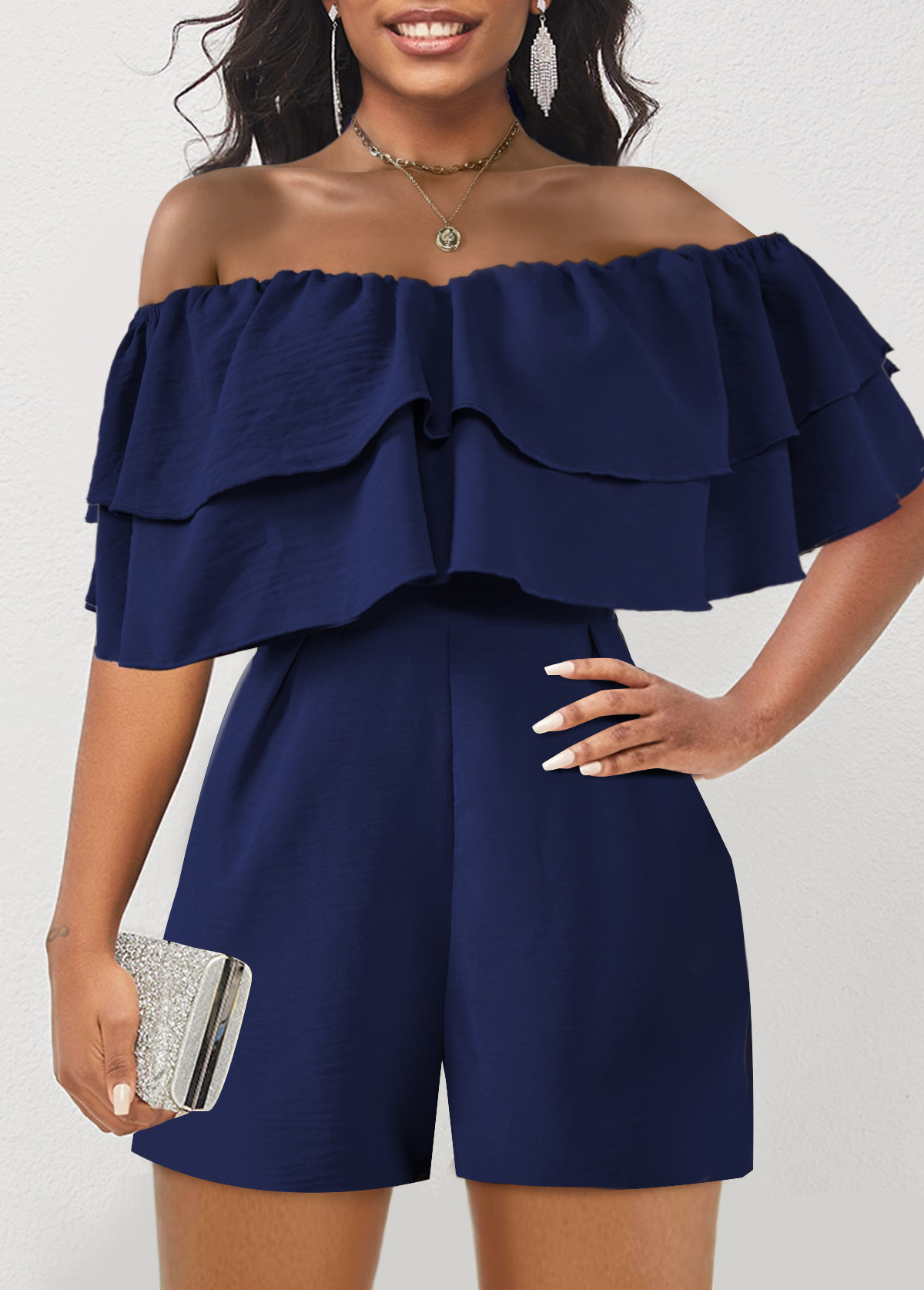 Navy jumpsuits & rompers,Plain Color jumpsuits & rompers,ROTITA Ruffle Navy Off Shoulder Half Sleeve Romper