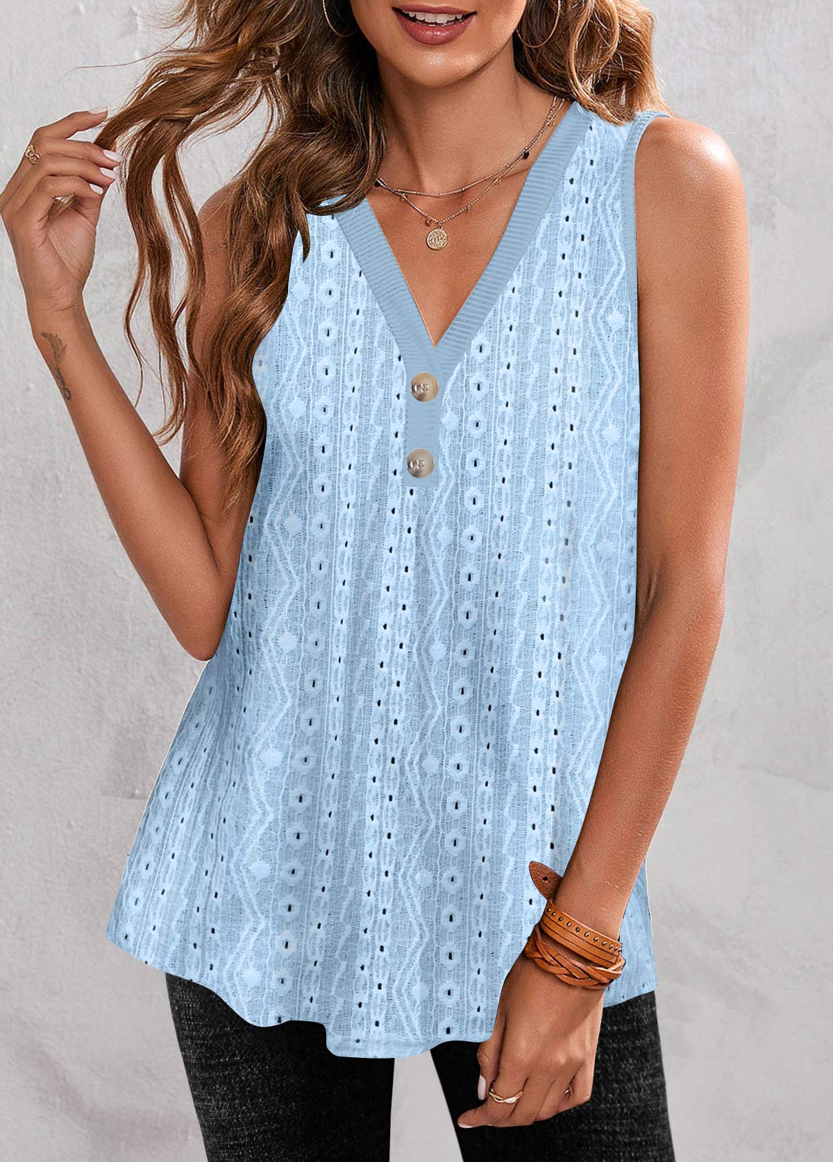 Light Blue tops,Plain Color tops,ROTITA Button Light Blue V Neck Tank Top