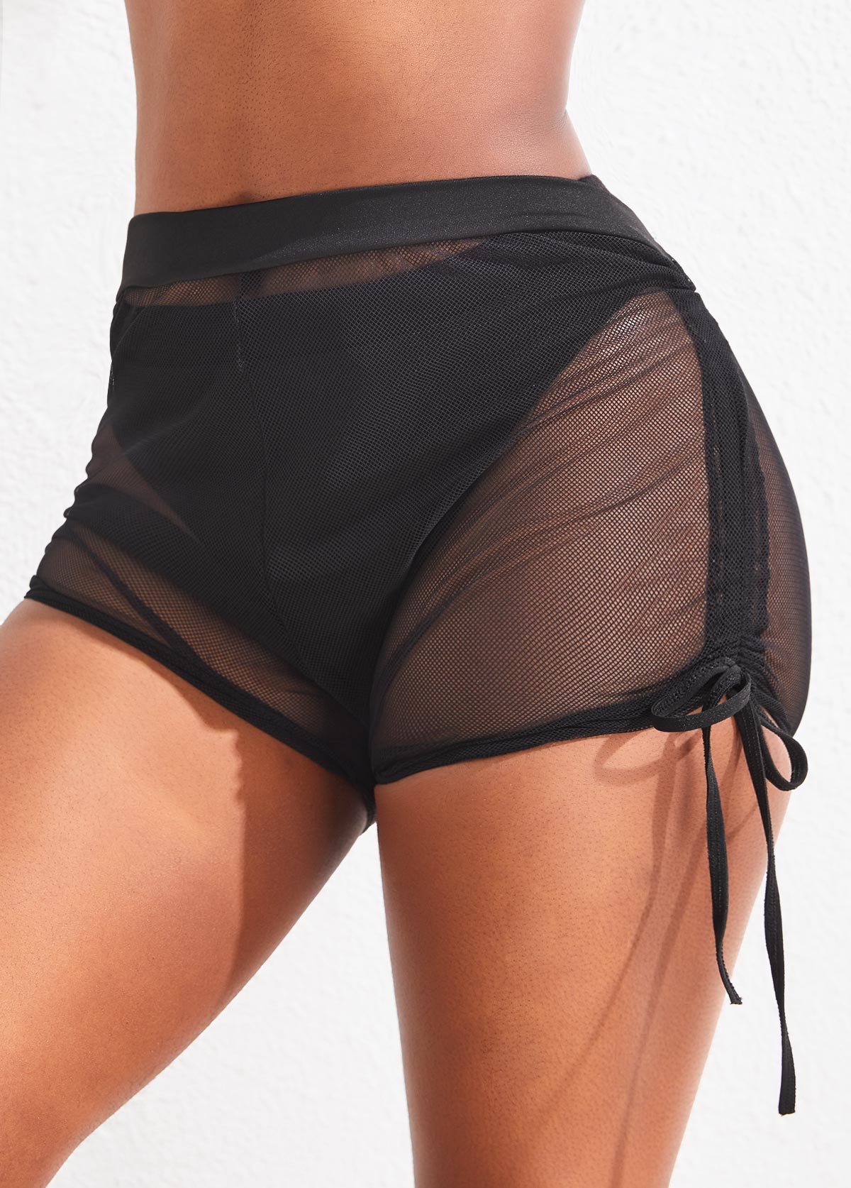 Black swimwear,Plain Color swimwear,ROTITA Black Drawstring High Waisted Beach Shorts