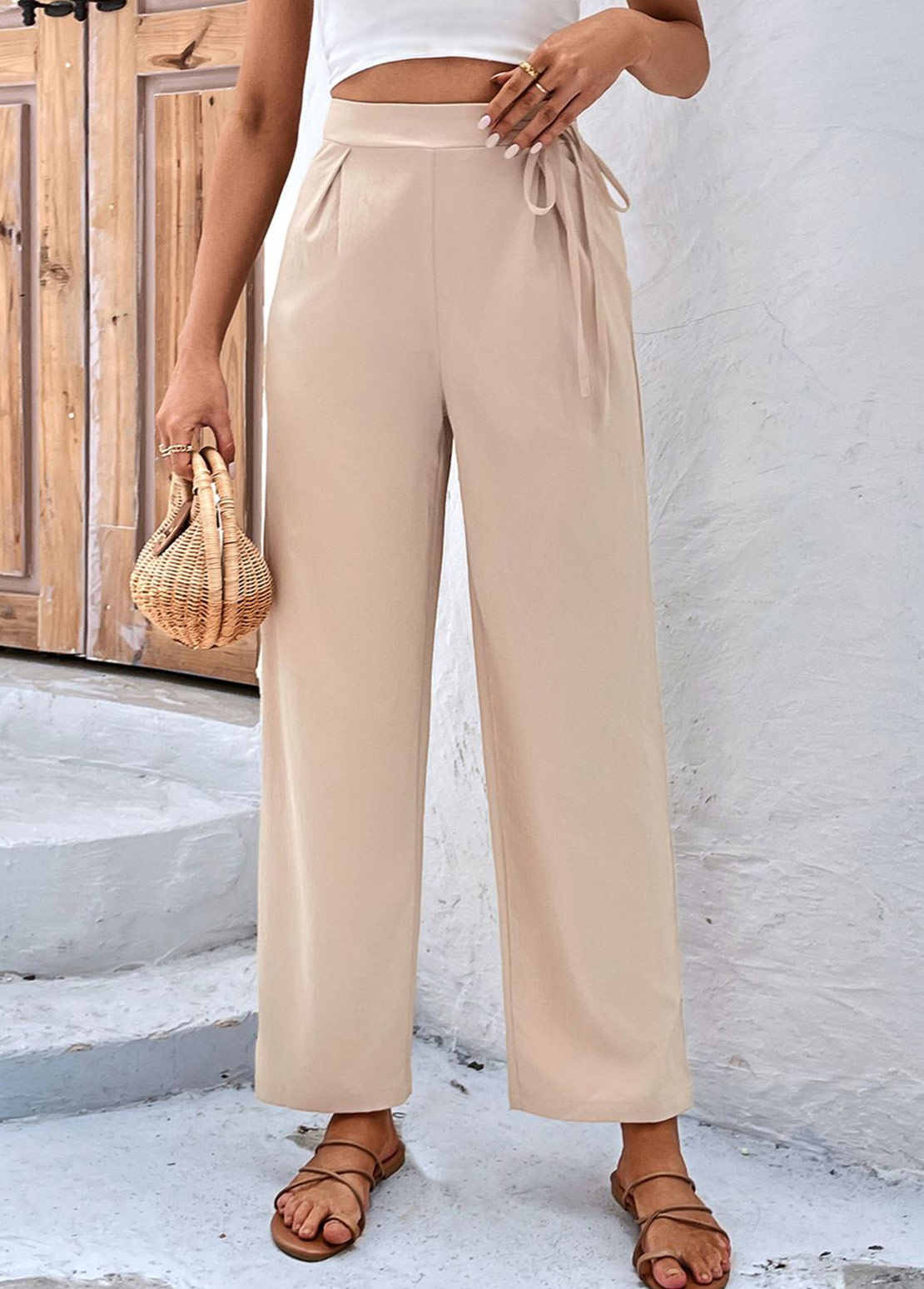 Light Coffee bottoms,Plain Color bottoms,Bowknot Light Coffee Drawastring High Waisted Pants