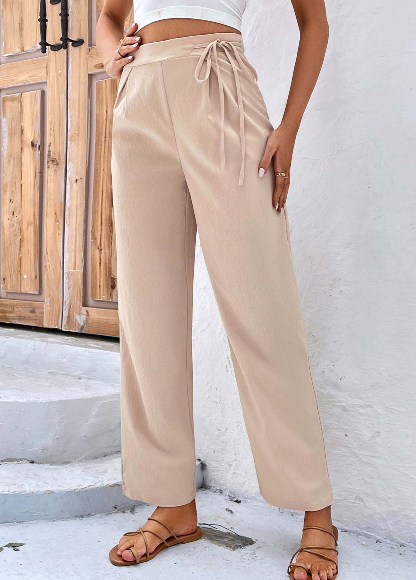 Light Coffee bottoms,Plain Color bottoms,Bowknot Light Coffee Drawastring High Waisted Pants