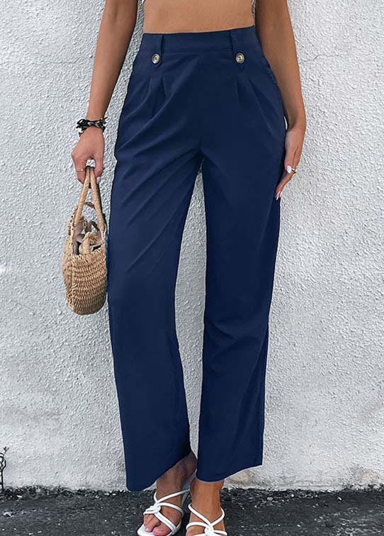 Navy bottoms,Plain Color bottoms,Button Navy Elastic Waist High Waisted Pants