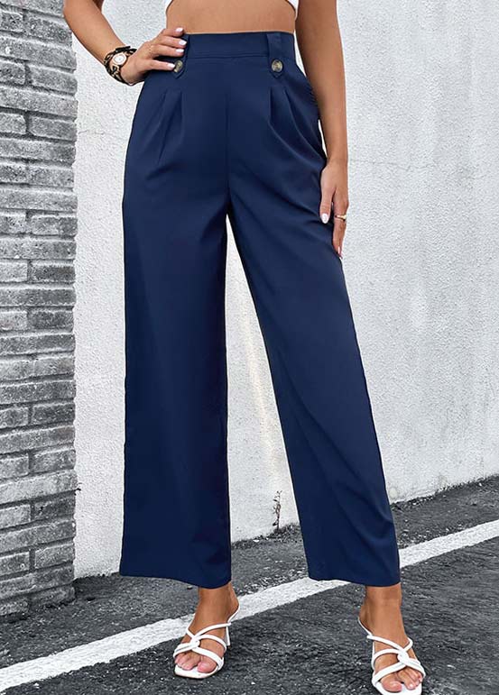 Navy bottoms,Plain Color bottoms,Button Navy Elastic Waist High Waisted Pants