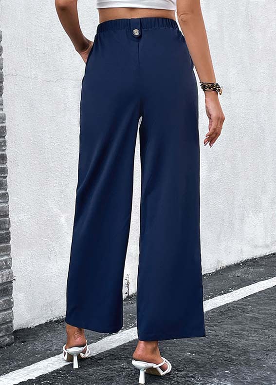 Navy bottoms,Plain Color bottoms,Button Navy Elastic Waist High Waisted Pants
