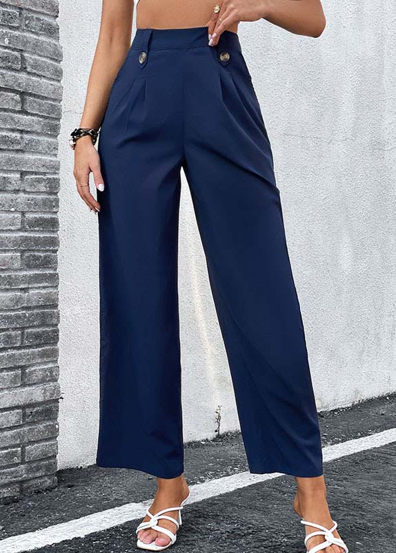 Navy bottoms,Plain Color bottoms,Button Navy Elastic Waist High Waisted Pants