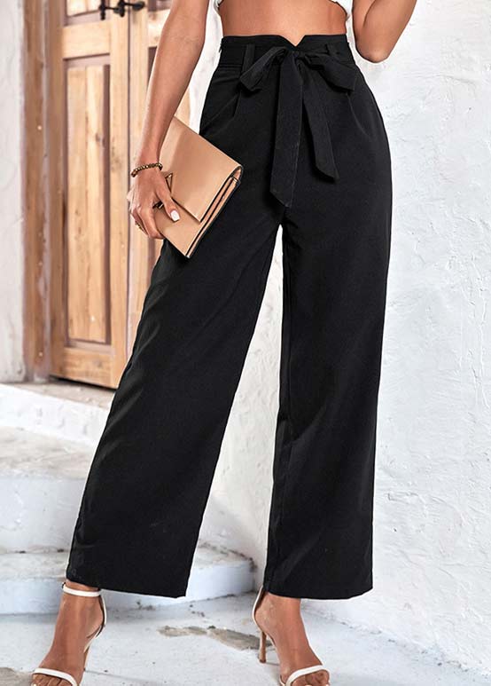 Black bottoms,Plain Color bottoms,Bowknot Black Belted Drawastring High Waisted Pants