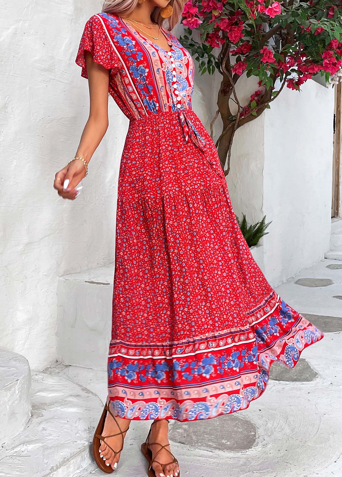 Red dresses,Ditsy Floral dresses,Button Ditsy Floral Print Red V Neck Dress