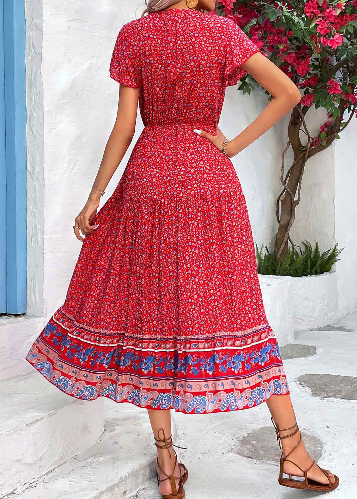 Red dresses,Ditsy Floral dresses,Button Ditsy Floral Print Red V Neck Dress