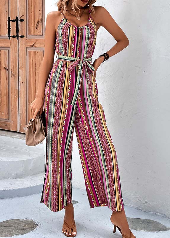 Multi Color jumpsuits & rompers,Striped jumpsuits & rompers,Tribal jumpsuits & rompers,Geometric jumpsuits & rompers,Tie Striped Multi Color Belted Ankle Length Jumpsuit