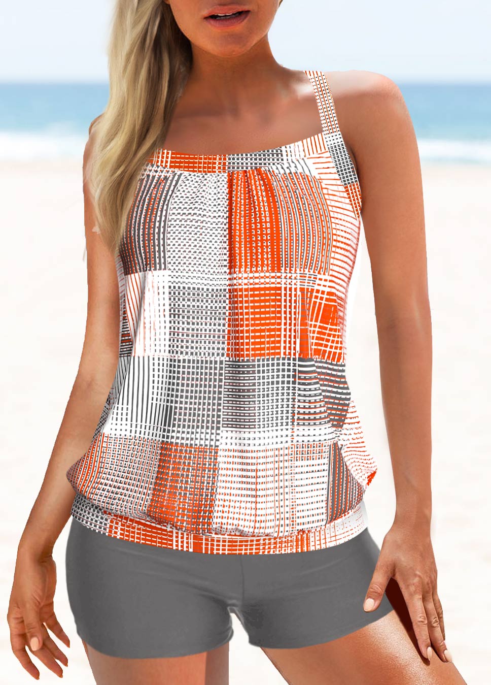 Orange swimwear,Geometric swimwear,ROTITA Criss Cross Orange Geometric Print Tankini Top