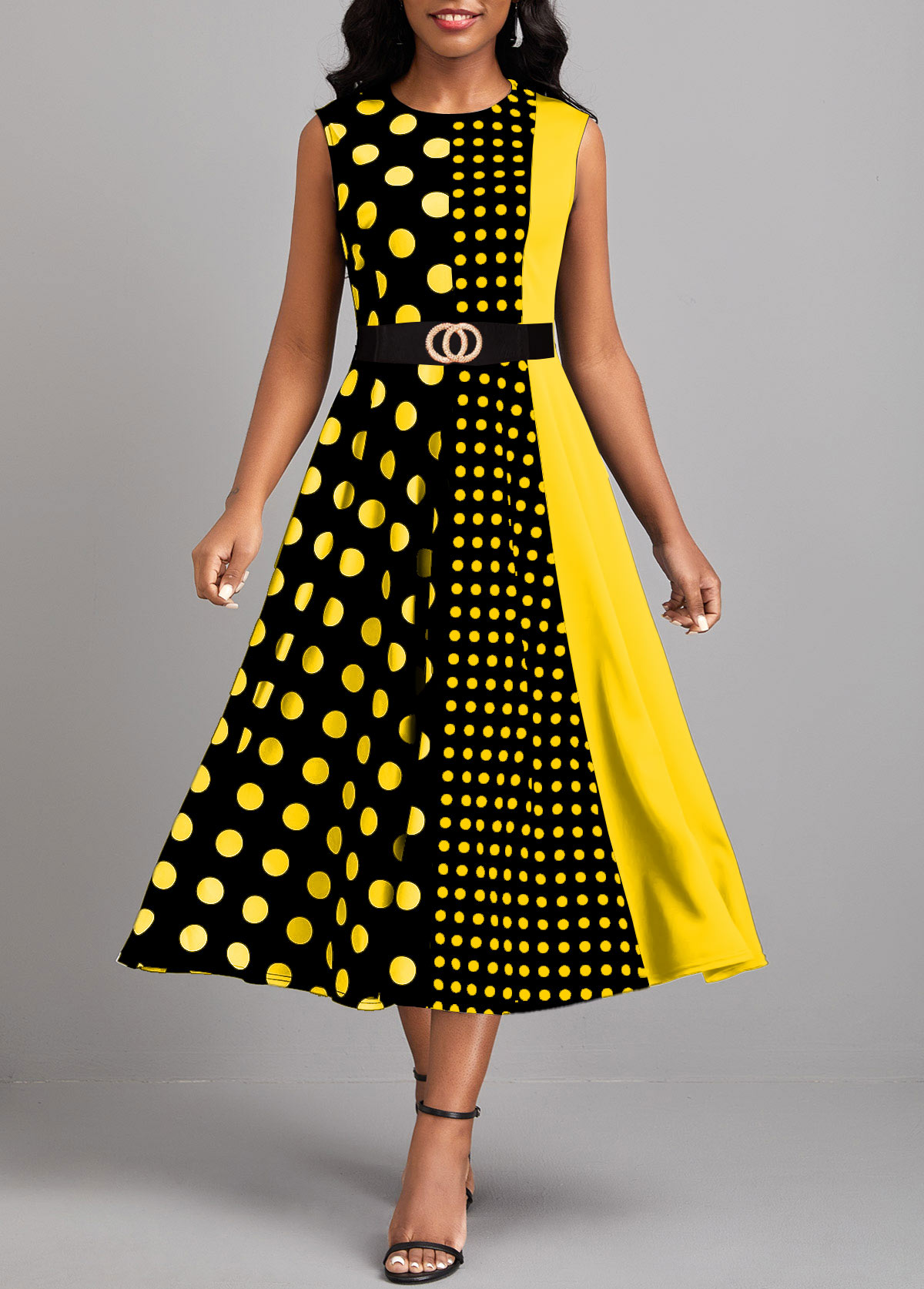 ROTITA Umbrella Hem Geometric Print Yellow Round Neck Dress Rotita