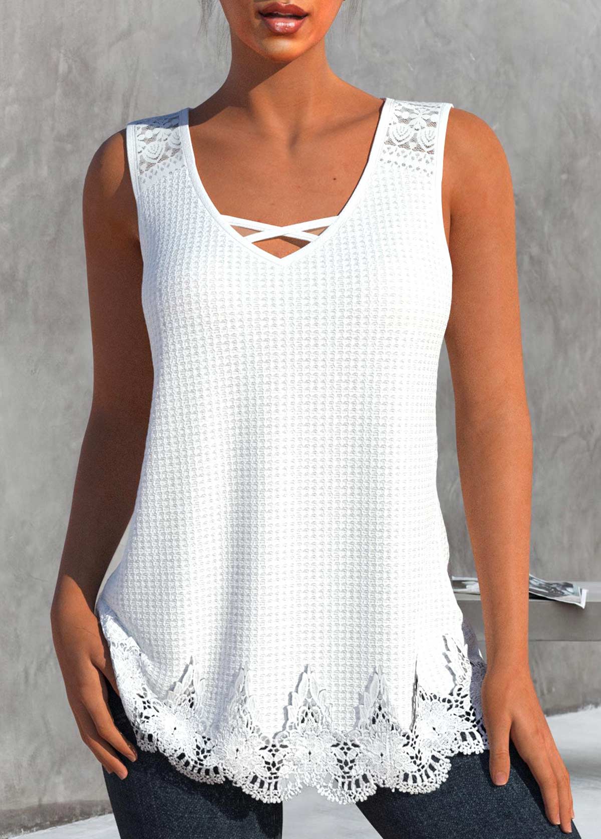 ROTITA Lace White V Neck Tank Top