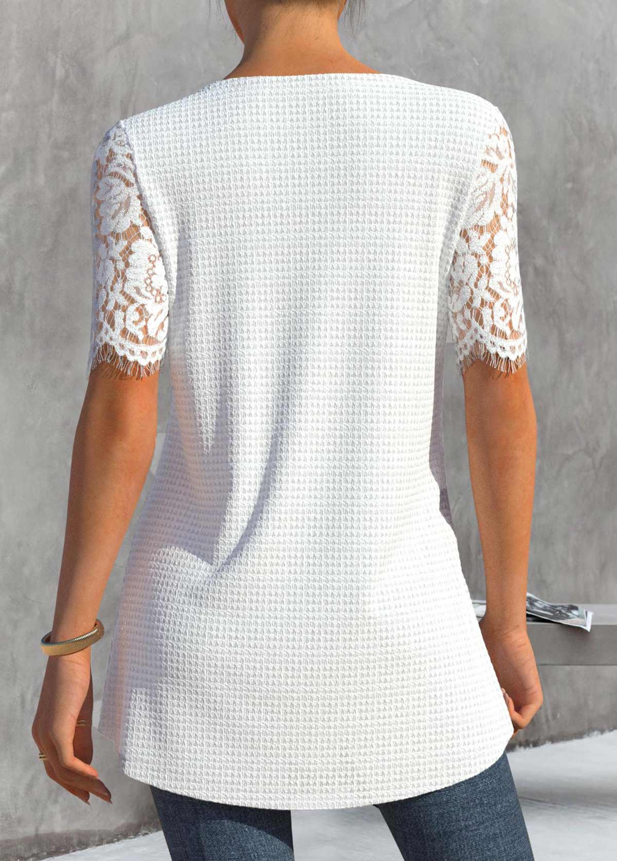 White tops,Plain Color tops,ROTITA Lace White Round Neck Short Sleeve T Shirt