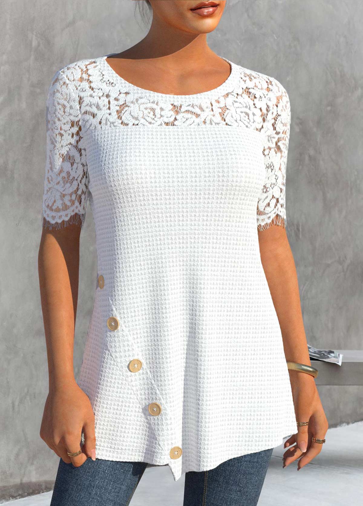 White tops,Plain Color tops,ROTITA Lace White Round Neck Short Sleeve T Shirt