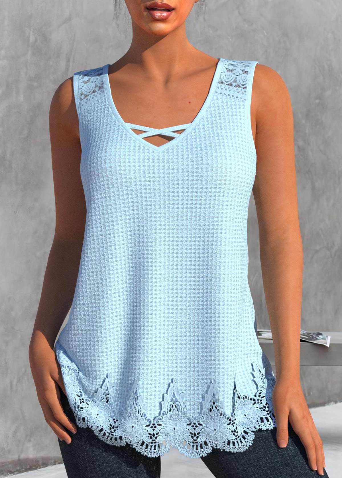 ROTITA Lace Light Blue V Neck Tank Top