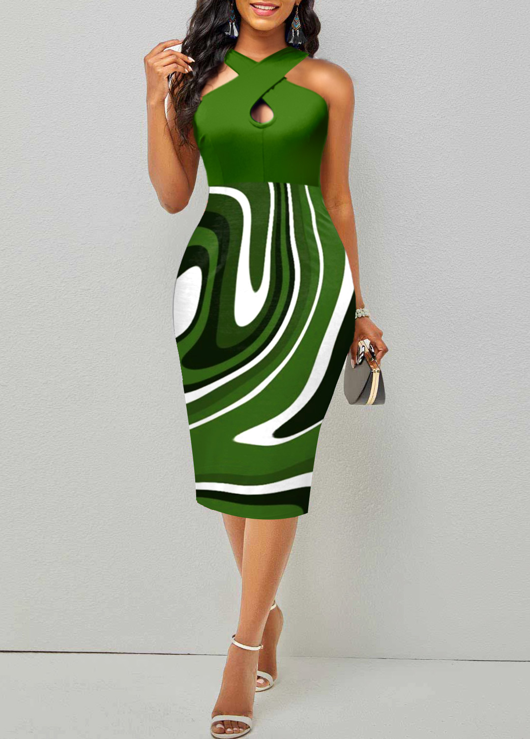 Green dresses,Geometric dresses,ROTITA Criss Cross Geometric Print Green Bodycon Dress
