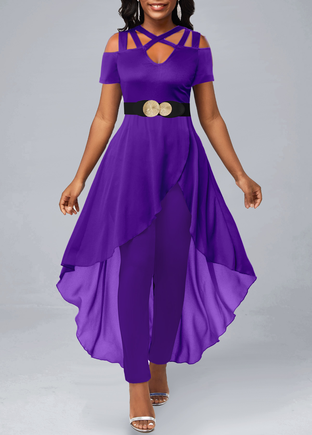 Purple jumpsuits & rompers,Plain Color jumpsuits & rompers,ROTITA Layered Purple Ankle Length Skinny V Neck Jumpsuit